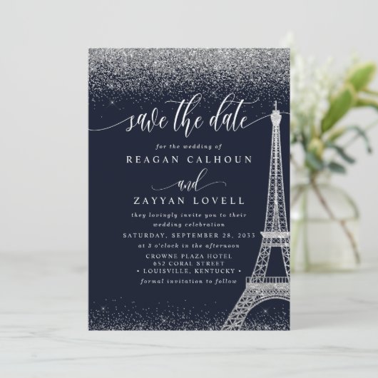 Paris Eiffel Tower Navy Silver Save the Date Kaart (Staand voorkant)