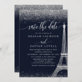 Paris Eiffel Tower Navy Silver Save the Date Kaart (Voorkant / Achterkant)