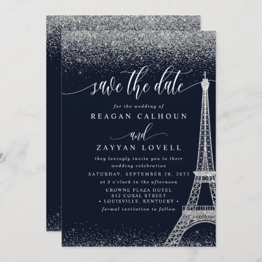 Paris Eiffel Tower Navy Silver Save the Date Kaart (Voorkant / Achterkant)