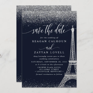 Paris Eiffel Tower Navy Silver Save the Date Kaart