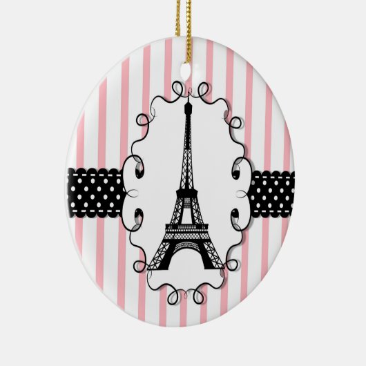 Paris Eiffel Tower Pink Black Stripe Keramisch Ornament (Rechts)