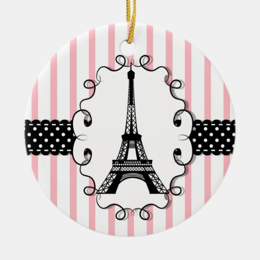 Paris Eiffel Tower Pink Black Stripe Keramisch Ornament (Voorkant)