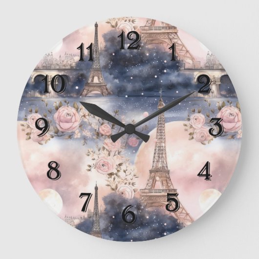 Paris Eiffel Tower Pink Blue Floral Grote Klok (Voorkant)