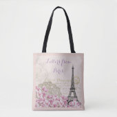 PARIS EIFFEL TOWER, PINK FLORAL ROMANTIC LETTERS TOTE BAG (Voorkant)