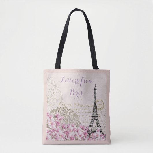 PARIS EIFFEL TOWER, PINK FLORAL ROMANTIC LETTERS TOTE BAG (Voorkant)