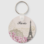 Paris Eiffel Tower  Pink Flowers Sleutelhanger (Voorkant)