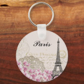 Paris Eiffel Tower  Pink Flowers Sleutelhanger (Achterkant)