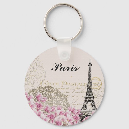 Paris Eiffel Tower  Pink Flowers Sleutelhanger (Achterkant)
