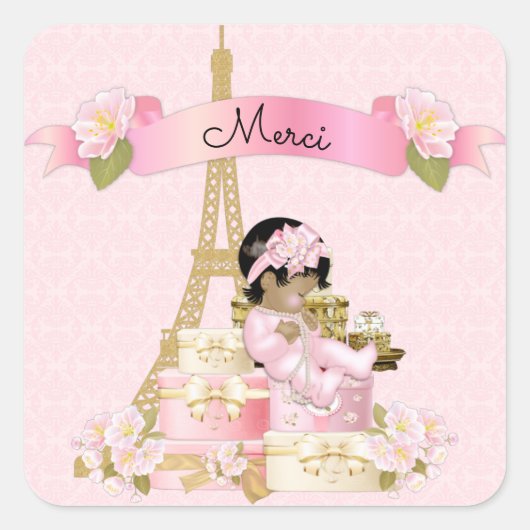 Paris Eiffel Tower Pink Gold Baby Girl Ethnic Vierkante Sticker (Voorkant)