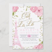 Paris Eiffel Tower Pink Gold Birthday Invite Kaart (Voorkant)