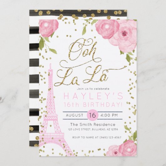 Paris Eiffel Tower Pink Gold Birthday Invite Kaart (Voorkant / Achterkant)