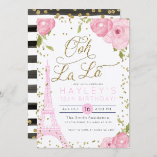 Paris Eiffel Tower Pink Gold Birthday Invite Kaart