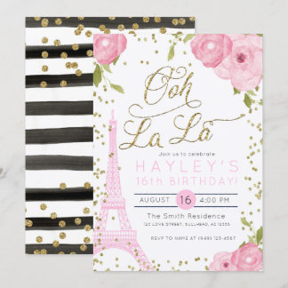 Paris Eiffel Tower Pink Gold Birthday Invite Kaart