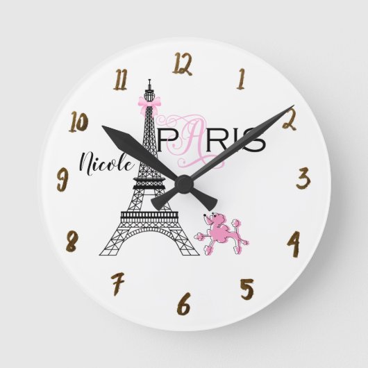 Paris Eiffel Tower Pink Poodle Chic Persoonlijk Ronde Klok (Voorkant)