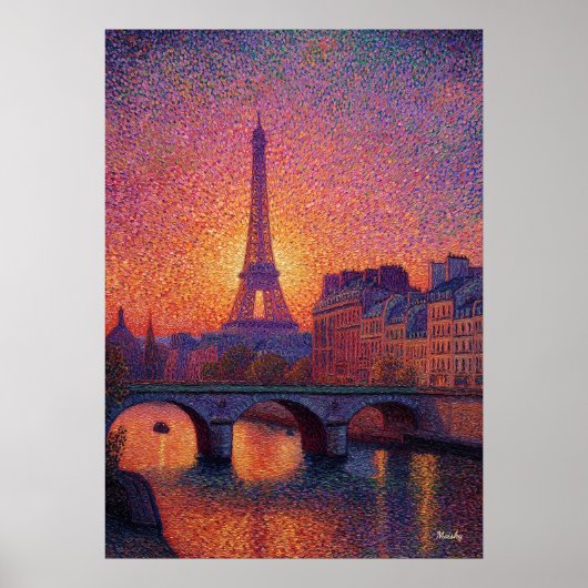 Paris Eiffel Tower Pointillism Sunset Cityscape Ar Poster (Voorkant)