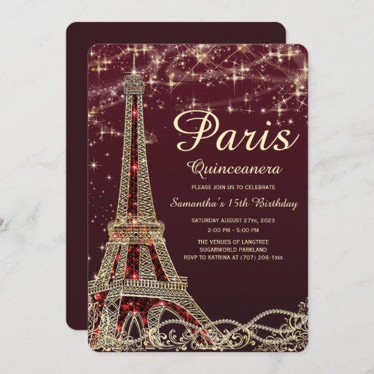Paris Eiffel Tower Quinceanera Invite Kaart (Voorkant / Achterkant)