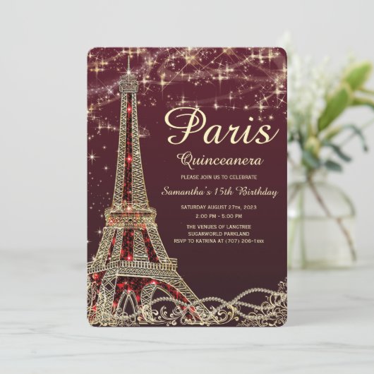 Paris Eiffel Tower Quinceanera Invite Kaart (Staand voorkant)
