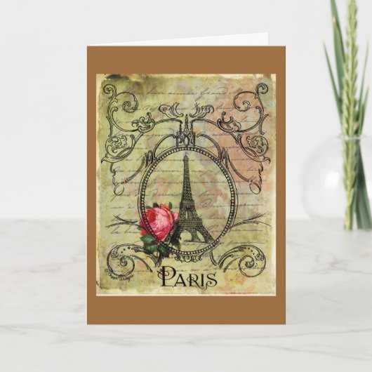 Paris Eiffel Tower & Red Rose Steampunk Kaart (Voorkant)