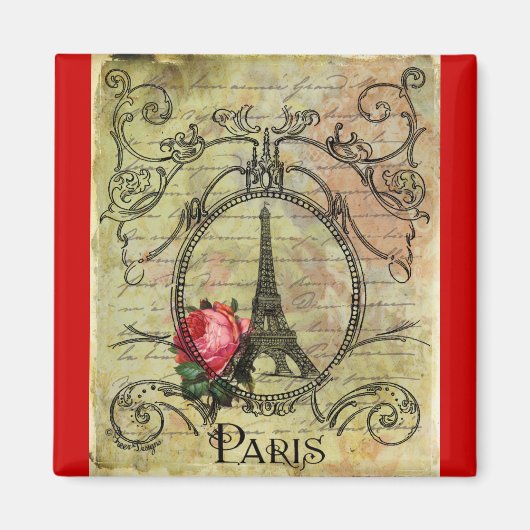 Paris Eiffel Tower & Red Rose Steampunk Magneet (Voorkant)