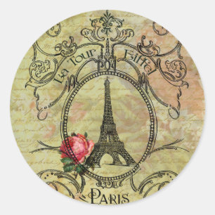Paris Eiffel Tower & Red Rose Steampunk Ronde Sticker