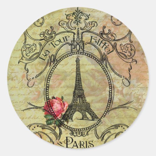 Paris Eiffel Tower & Red Rose Steampunk Ronde Sticker (Voorkant)