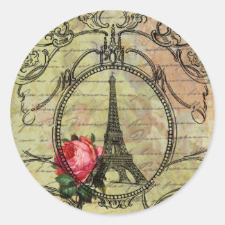 Paris Eiffel Tower & Red Rose Steampunk Ronde Sticker