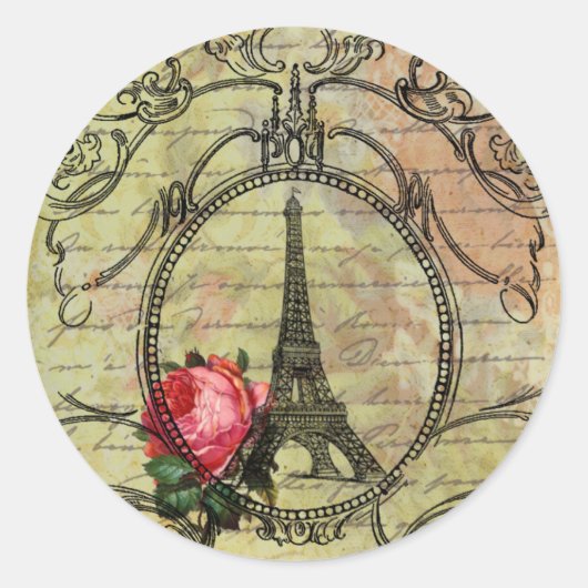 Paris Eiffel Tower & Red Rose Steampunk Ronde Sticker (Voorkant)