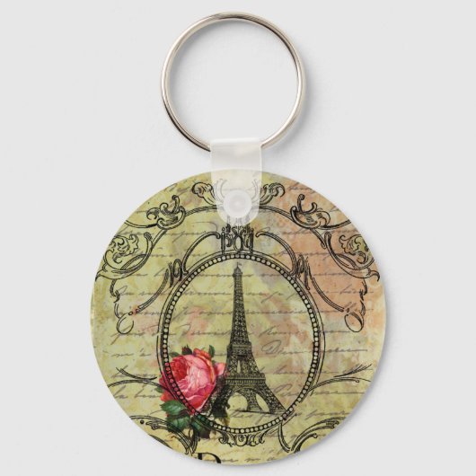 Paris Eiffel Tower & Red Rose Steampunk Sleutelhanger (Voorkant)