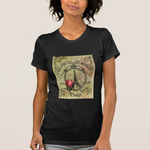 Paris Eiffel Tower & Red Rose Steampunk T-shirt
