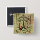 Paris Eiffel Tower & Red Rose Steampunk Vierkante Button 5,1 Cm (Voorkant /achterkant)