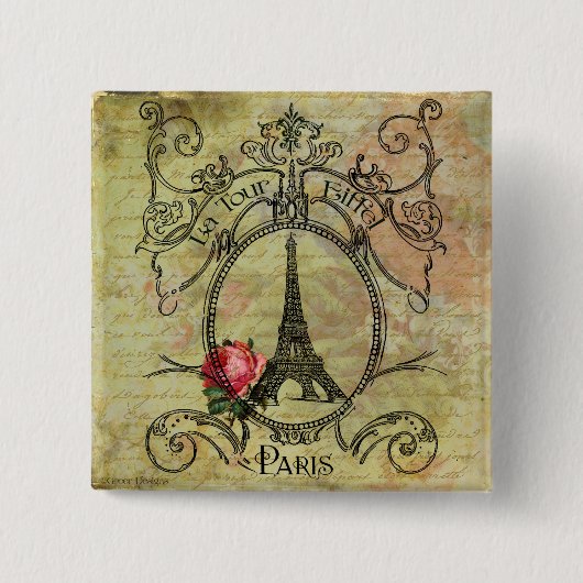 Paris Eiffel Tower & Red Rose Steampunk Vierkante Button 5,1 Cm (Voorkant)