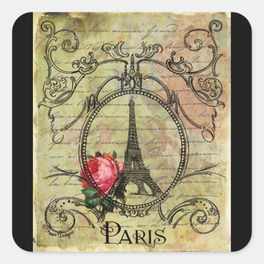 Paris Eiffel Tower & Red Rose Steampunk Vierkante Sticker (Voorkant)