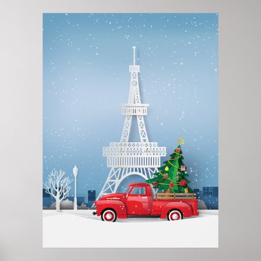 Paris Eiffel Tower Red Truck Kerstmis Poster (Voorkant)