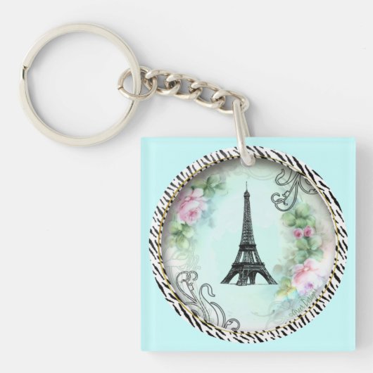 Paris Eiffel Tower & Roze Roses Sleutelhanger (voorkant)