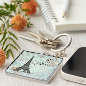 Paris Eiffel Tower & Roze Roses Sleutelhanger (Voorkant Rechts)