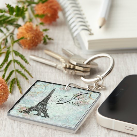 Paris Eiffel Tower & Roze Roses Sleutelhanger (Voorkant Rechts)