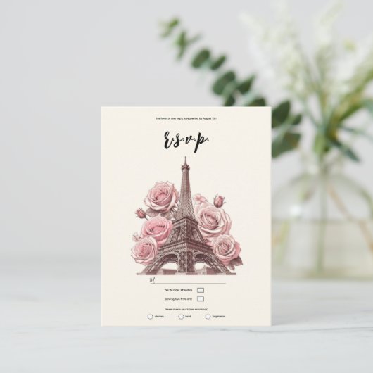 Paris Eiffel Tower & Roze Rozen Feest Huwelijk RSV Kaart (Staand voorkant)