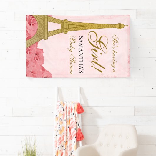 Paris Eiffel Tower Rozen Pink Gold Baby shower Spandoek (Insitu)