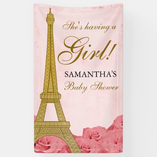 Paris Eiffel Tower Rozen Pink Gold Baby shower Spandoek (Verticaal)