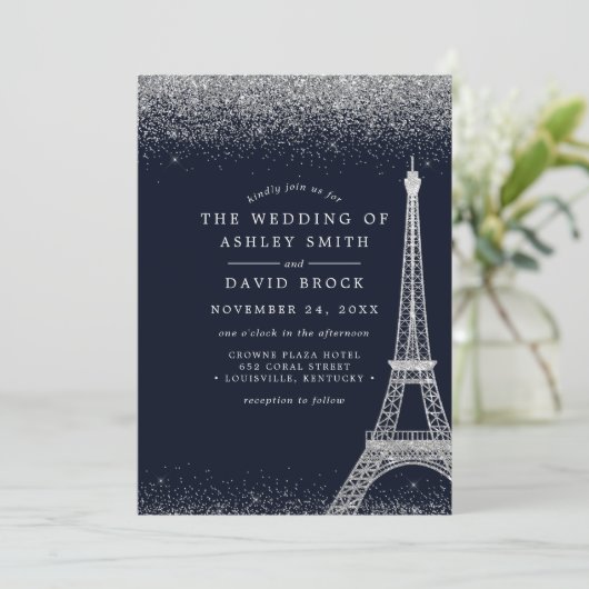 Paris Eiffel Tower Silver Confetti Navy Wedding Kaart (Staand voorkant)