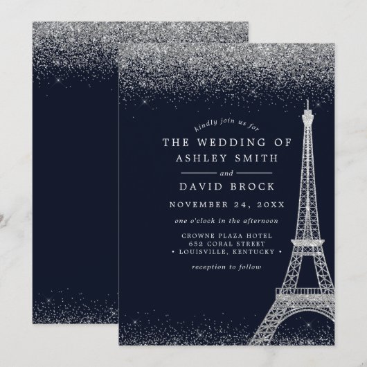 Paris Eiffel Tower Silver Confetti Navy Wedding Kaart (Voorkant / Achterkant)
