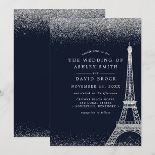 Paris Eiffel Tower Silver Confetti Navy Wedding Kaart