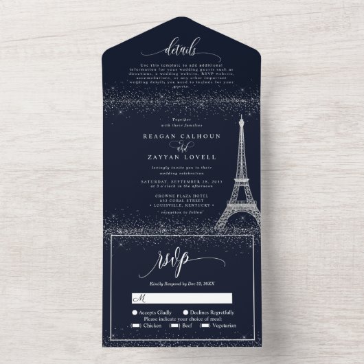 Paris Eiffel Tower Silver Glitter Sparkle Wedding All In One Uitnodiging (Binnen)