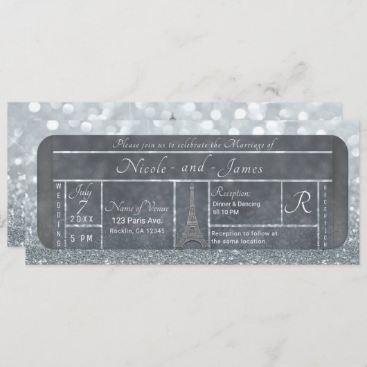 Paris Eiffel Tower Silver Glitter Ticket Weddensch Kaart (Voorkant / Achterkant)
