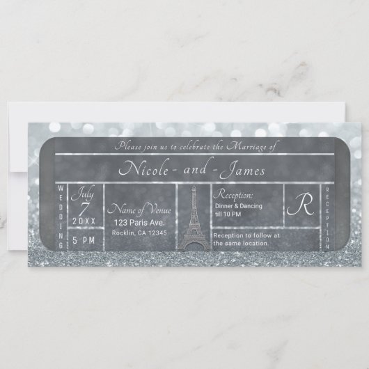 Paris Eiffel Tower Silver Glitter Ticket Weddensch Kaart (Voorkant)