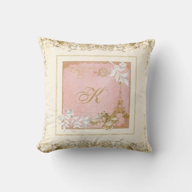 Paris Eiffel Tower Tea Foliage Monogram Gold Swirl Kussen (Voorkant)