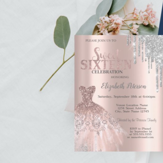 Paris Eiffel Tower, Tiara, Drips Silver Quinceañer Kaart