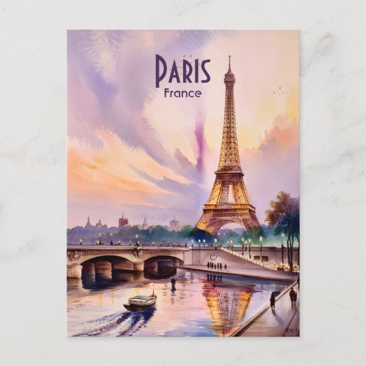 Paris Eiffel Tower Travel Watercolor Custom Text Briefkaart (Voorkant)