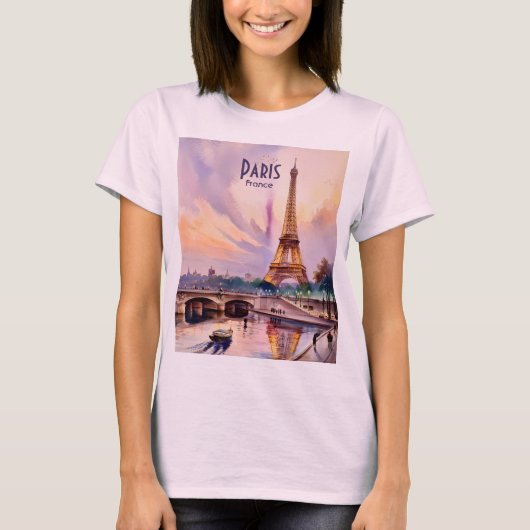 Paris Eiffel Tower Travel Watercolor Custom Text T-shirt (Voorkant)
