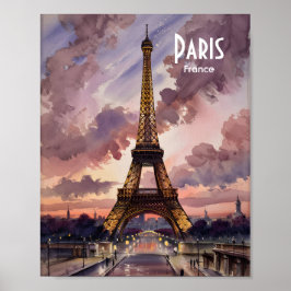 Paris Eiffel Tower Twilight Watercolor Custom Text Poster